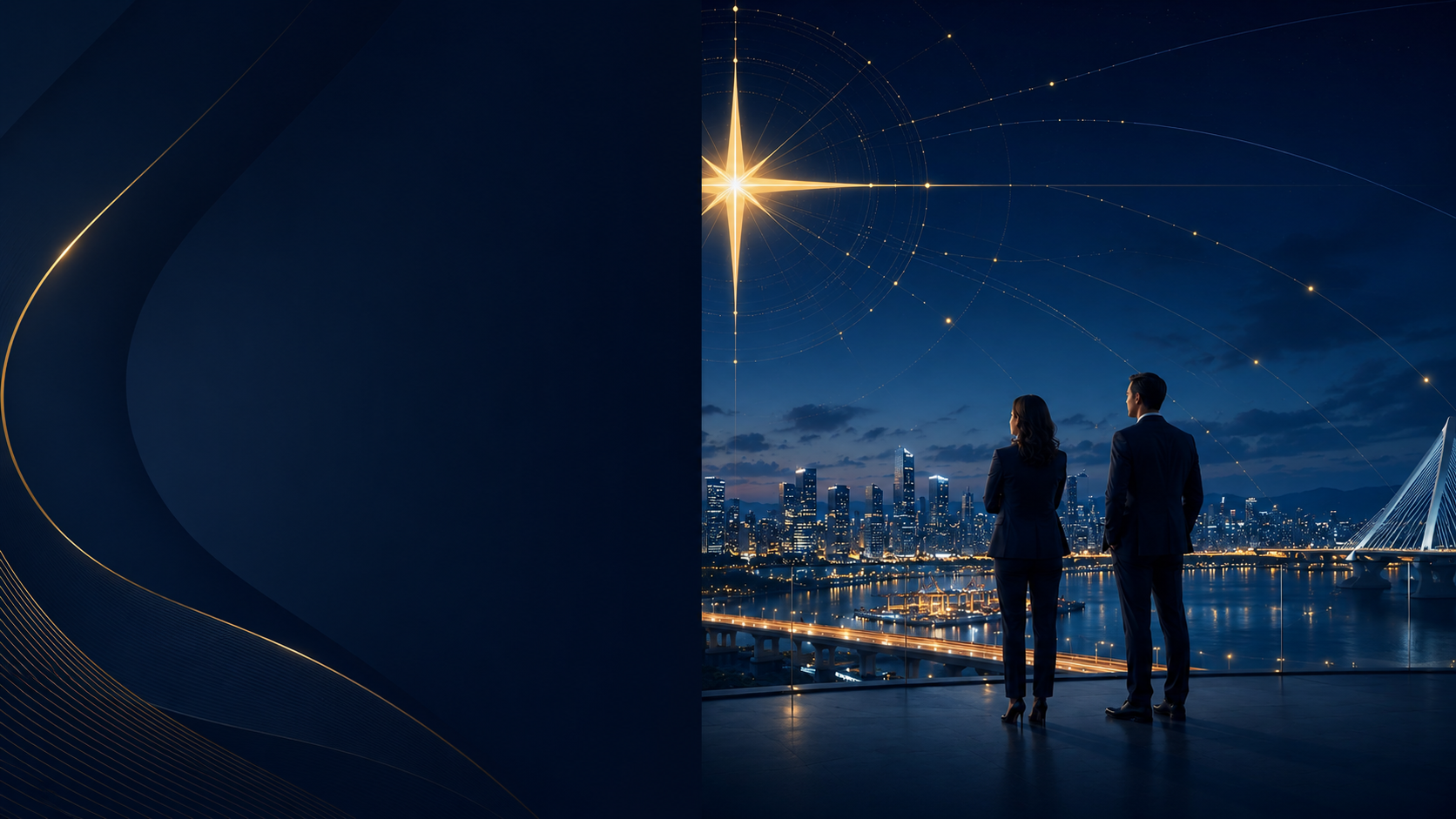 Two professionals looking over a city skyline at night beneath a guiding star.
