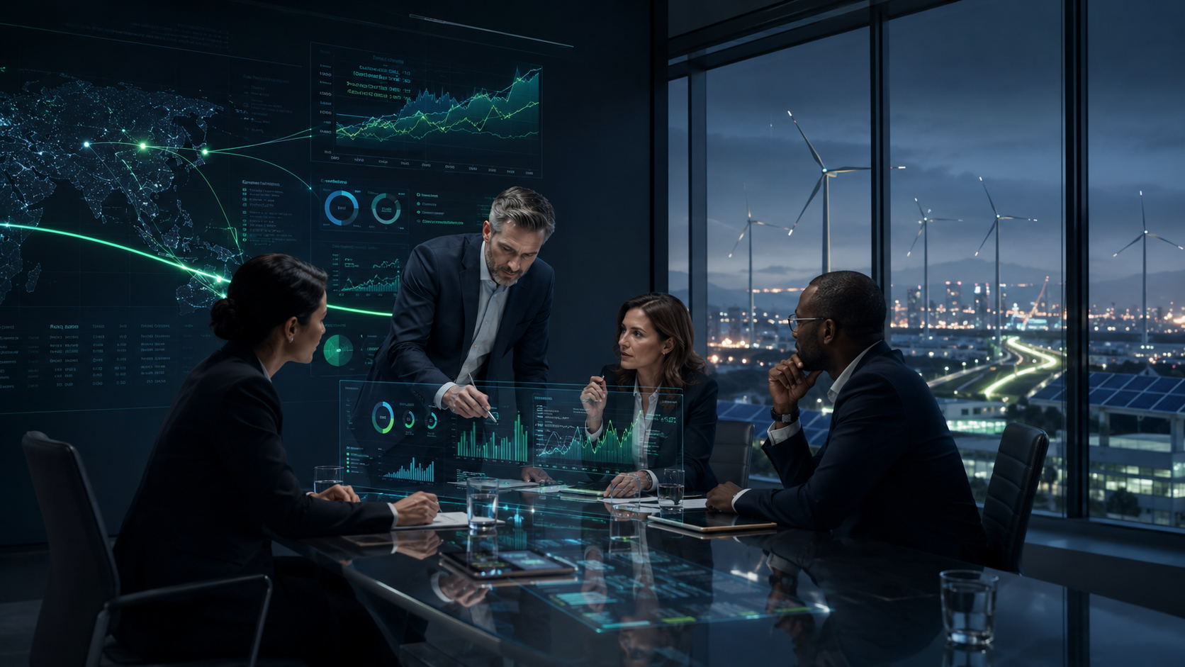 Leadership team reviewing strategic data in a modern boardroom focused on sustainable growth